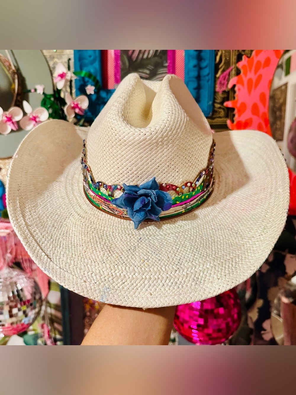 Cream straw cowboy hat with floral hand drawn and crystal embellished detail